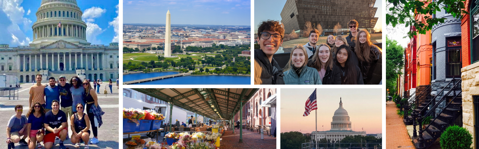 A collage of six photos. Students in front of the Capitol Building; the Washington Monument; students outside the National Museum of African American History and Culture; colorful stone homes; the Capitol Building; an outdoor market.